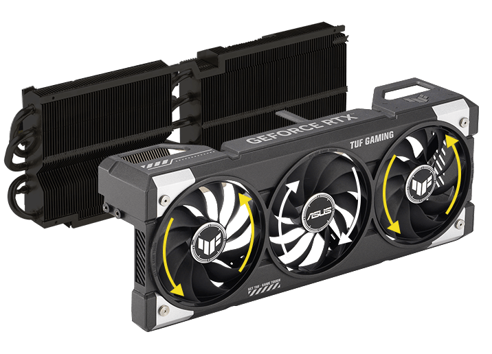 Graphics card fans with arrows indicating different directions of spin