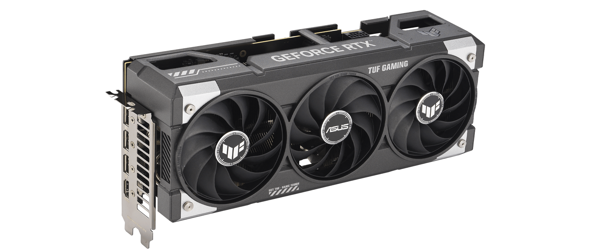 Angled front view of TUF Gaming GeForce RTX 5060 Ti showing triple fans and ARGB lighting
