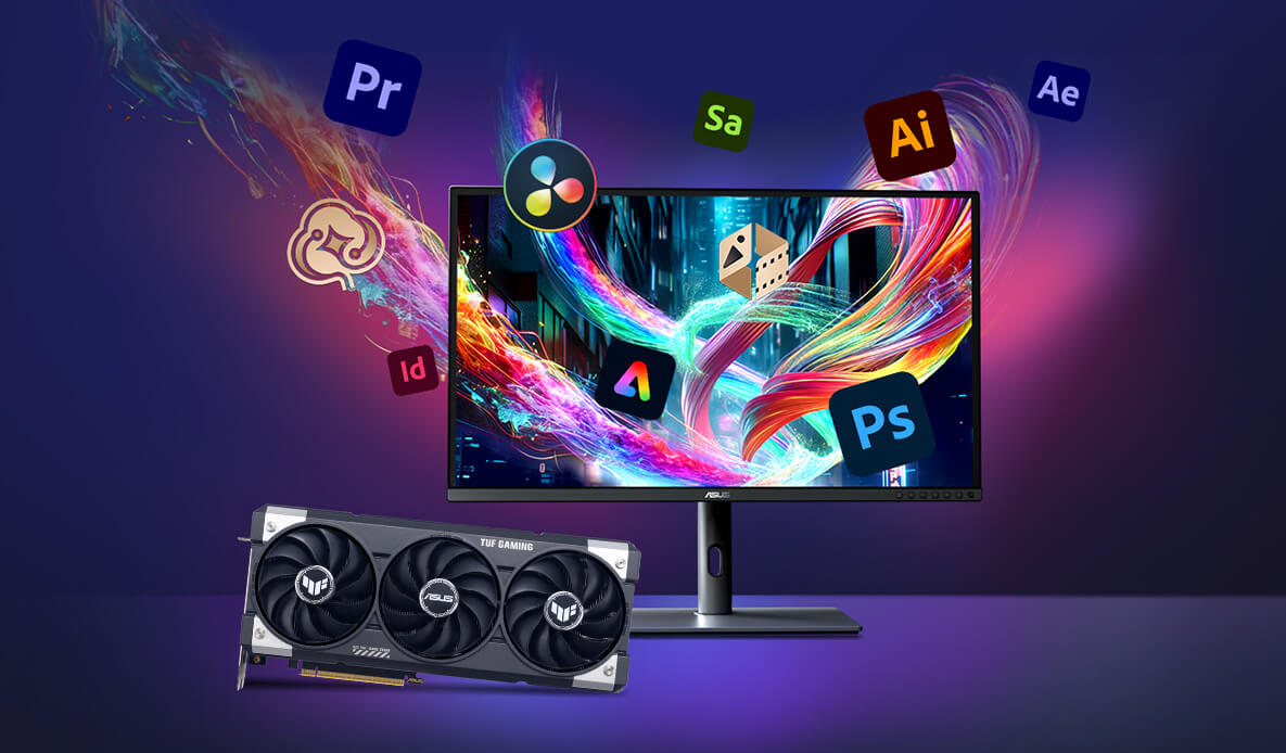 Monitor and TUF Gaming GeForce RTX 5060 Ti graphics card on a desk, with Adobe product logos floating around the monitor