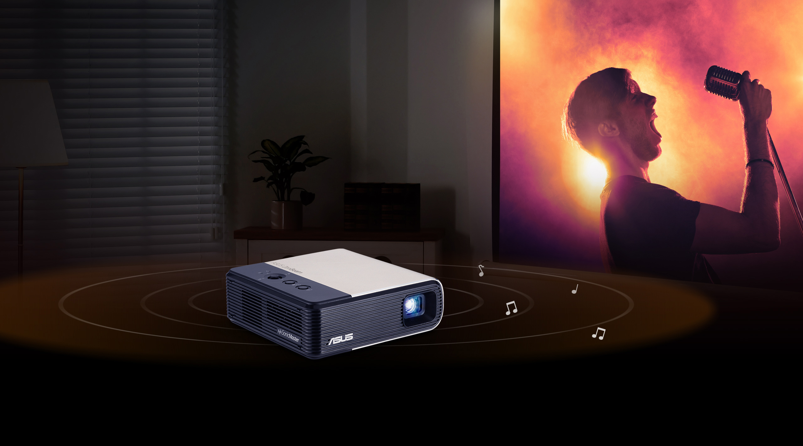 O ASUS ZenBeam E2 inclui um altifalante integrado de 5 watts com tecnologia ASUS SonicMaster que oferece áudio incrível