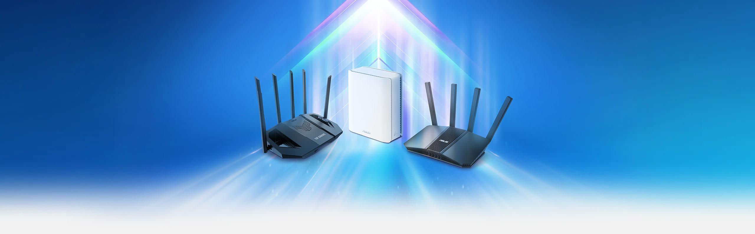Three ASUS extendable routers displayed on a blue background, with a lighting arrow highlighting their scalability.