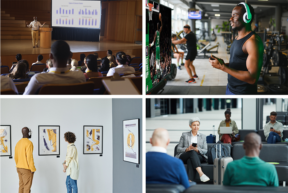 The picture shows a variety of user scenarios for the Auracast broadcasting features
