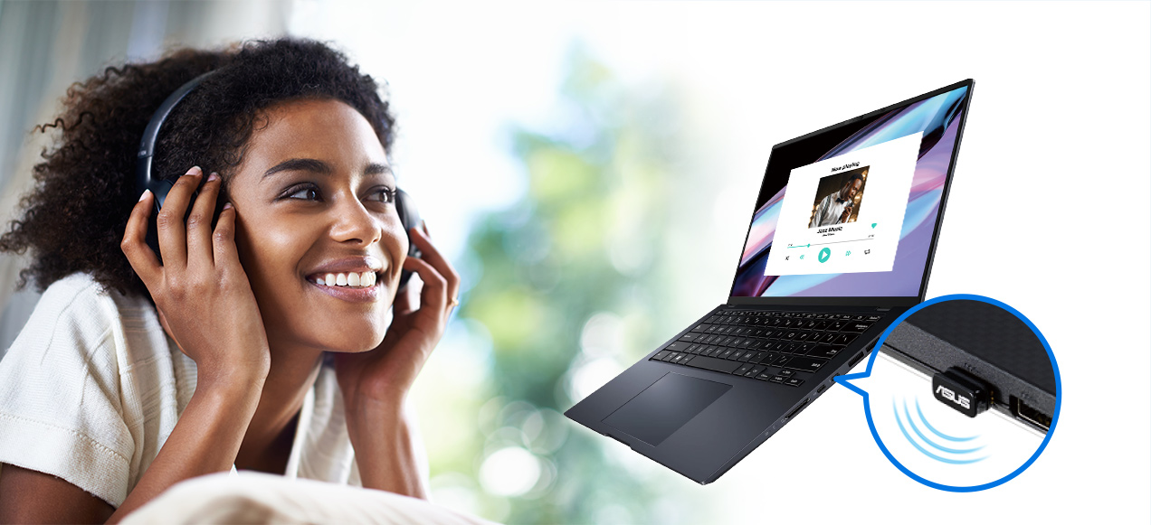 A woman is listening to the music with her wireless headphone which is connected to the laptop via the USB-BT540. There is also a table indicating the comparison between SBC and LC3 codec.