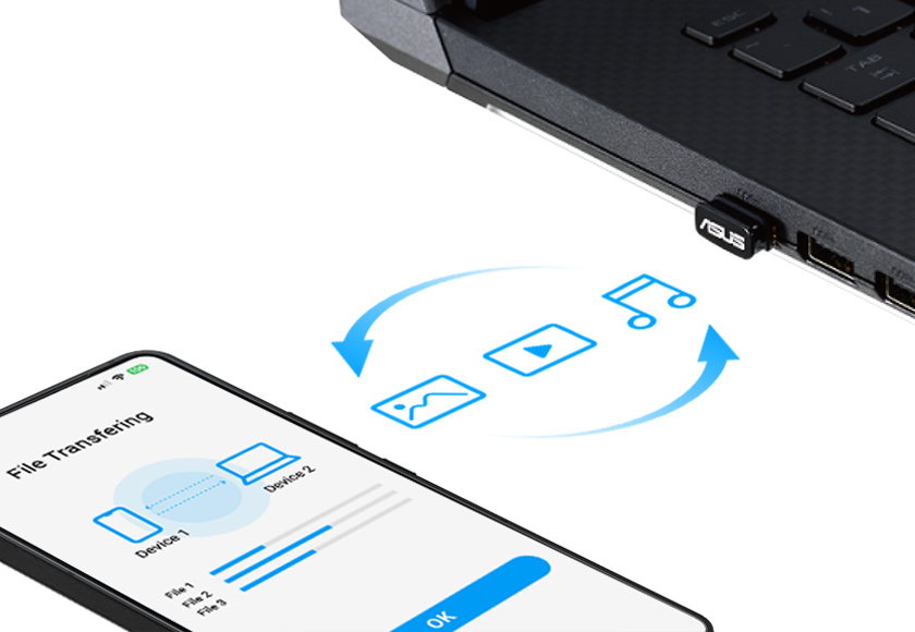 A picture visualizing instanct connection of the USB-BT540 for picture, music, video transfer with the dimension of the product showing on the right below.
