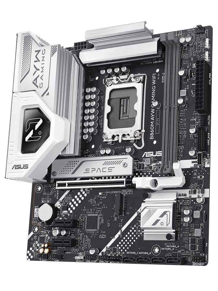 B860M AYW GAMING WIFI motherboard front view, floating in space. 