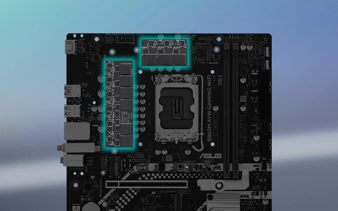 Angled top-down view of B860M AYW GAMING WIFI motherboard. 