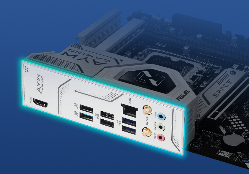 Graphic depicting the B860M AYW GAMING WIFI pre-mounted I/O shield. 