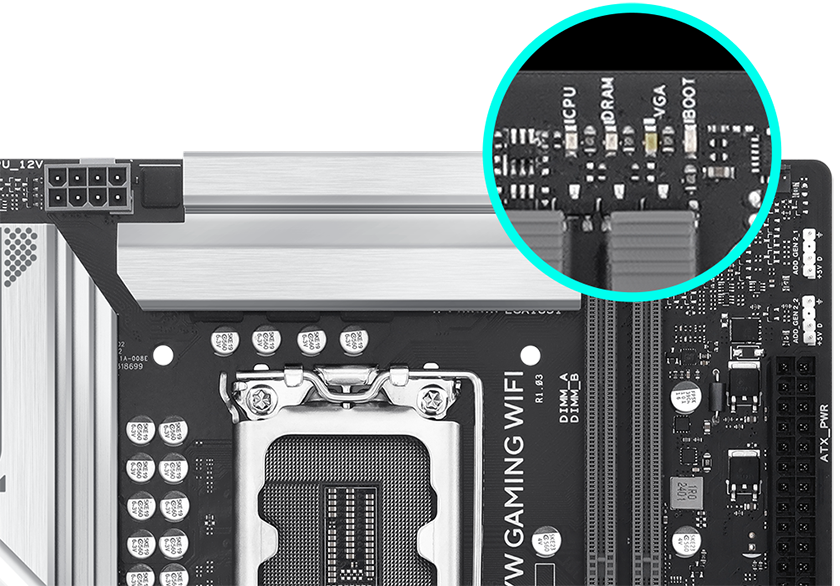 The B860M AYW GAMING WIFI motherboard features Q-LED. 