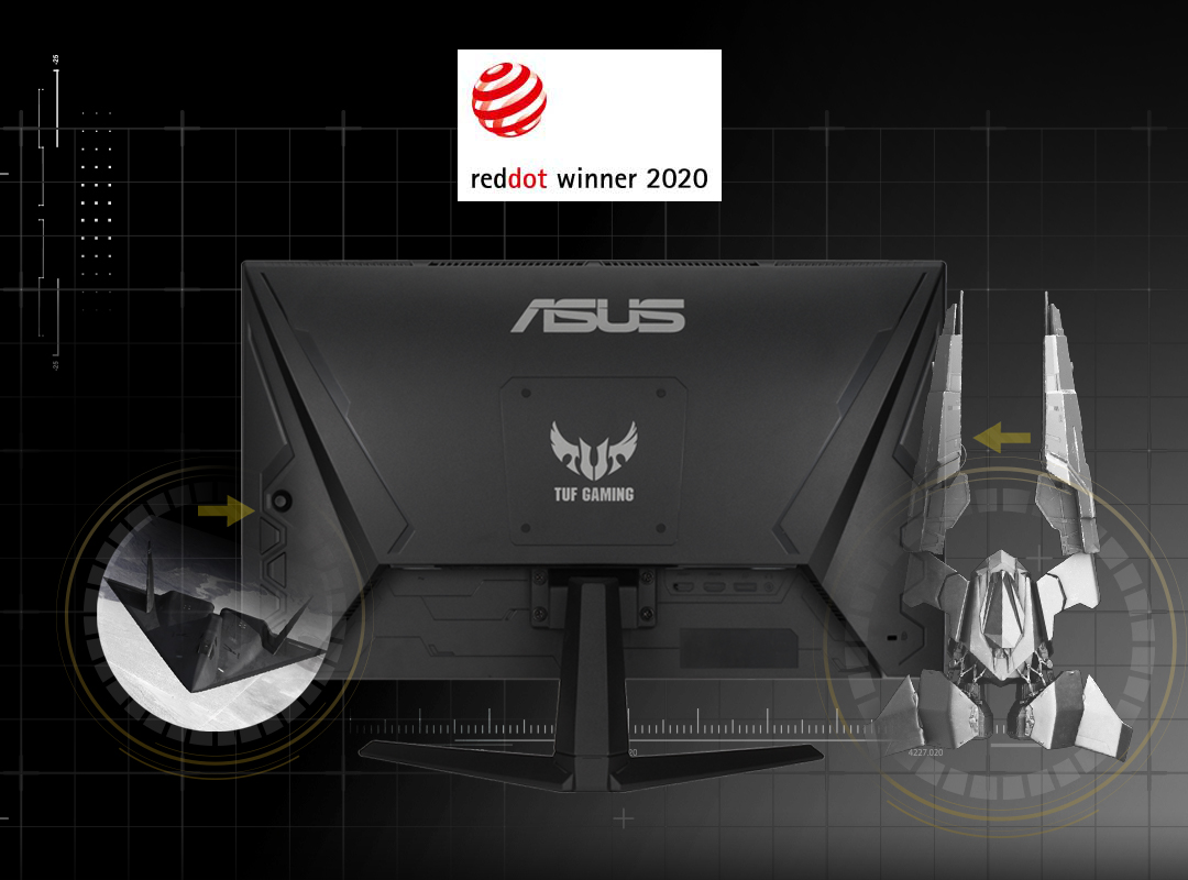 TUF Gaming 1A series monitor with stealth fighter inspired design, with 2020 Reddot winner logo