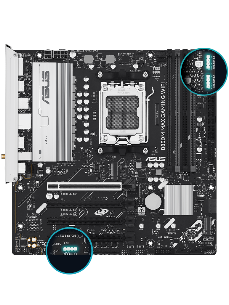 B850M MAX GAMING WIFI front view, 45 degrees.