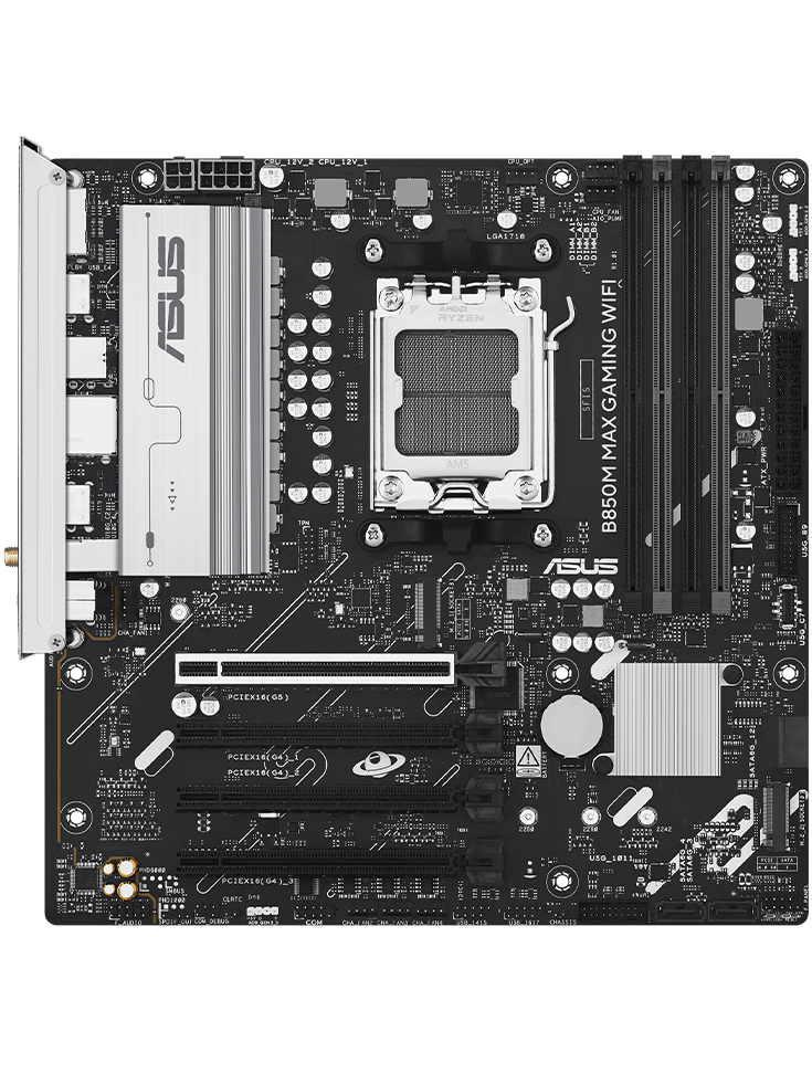 B850M MAX GAMING WIFI motherboard front view, floating in space.