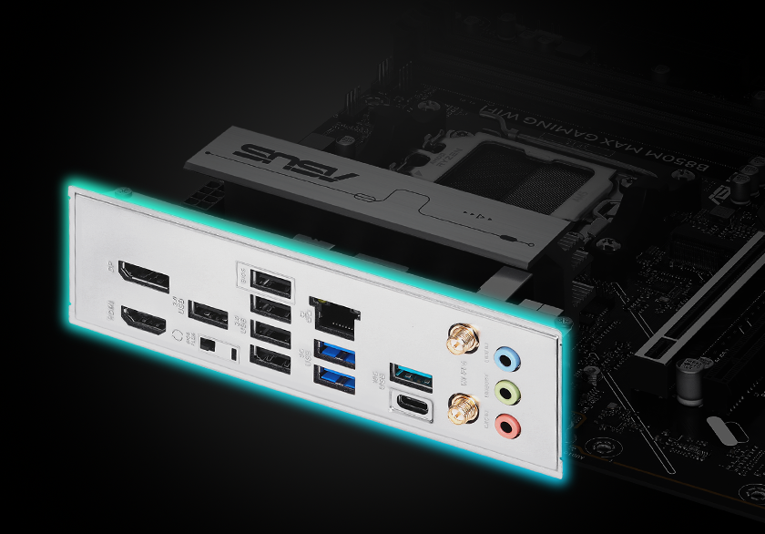 Graphic depicting the B850M MAX GAMING WIFI pre-mounted I/O Shield.