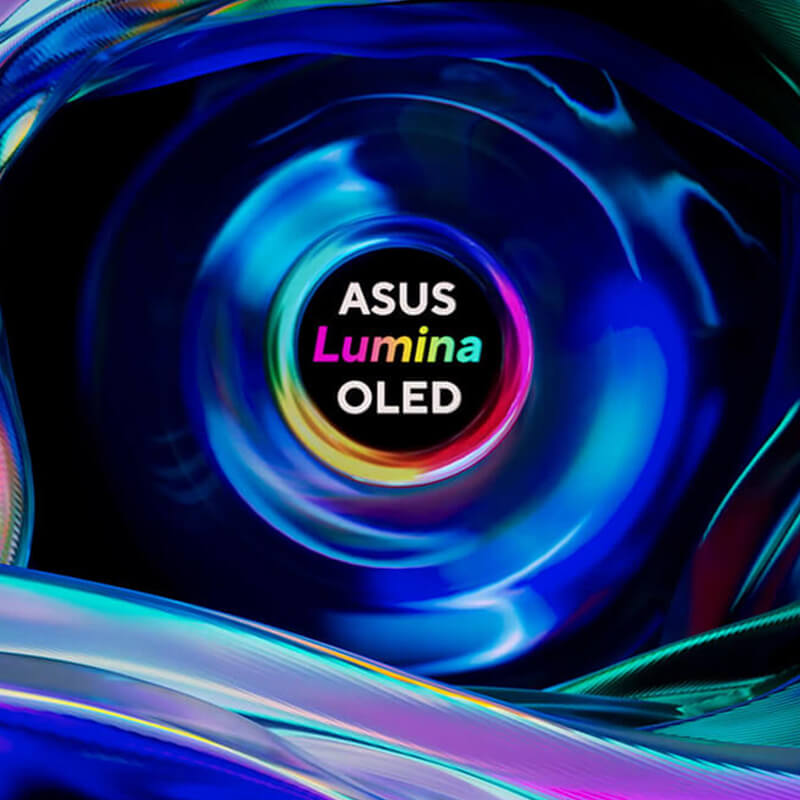 ASUS Lumina OLED is displayed at the center of the image in a glossy, colorful, flowing background.