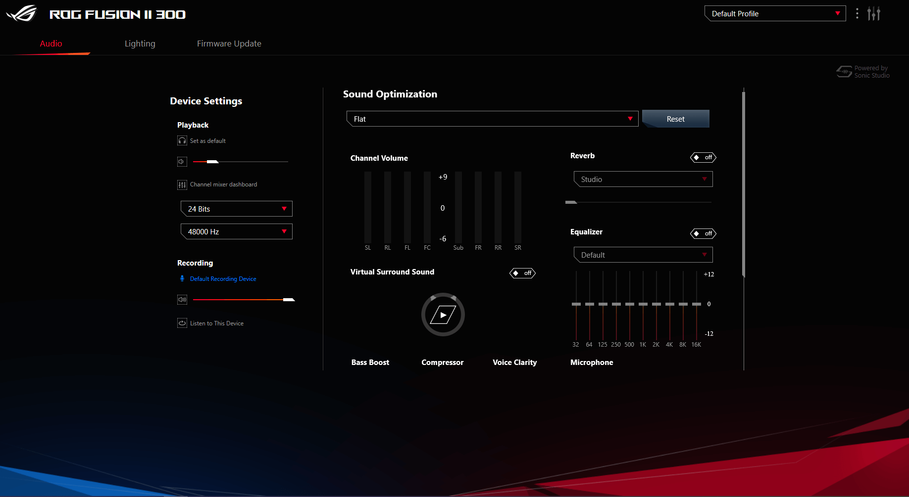 A imagem mostra a interface do perfil de áudio do Armoury Crate.