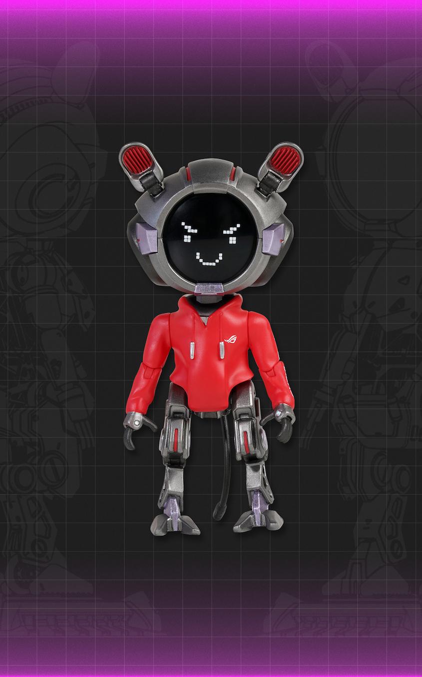 ROG OMNI Model OG limited-edition collectible action figure — front view detail. Features highlighted include poseable ears and action joints for customizable postures. The image showcases OMNI Model OG's articulation and expressive design, reinforcing its dynamic personality and collectible appeal for gamers and ROG fans.