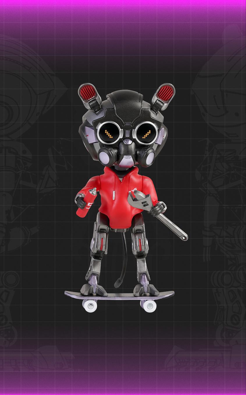 ROG OMNI Model OG limited-edition collectible action featuring highlighted include a ROG-styled outfit for maximum drip and actionable hands holding a wrench and a spray can. The figure is posed standing on a skateboard, showcasing OMNI Model OG's playful and street-inspired personality. This image reinforces the figure's versatility and appeal as a premium collectible for gamers and ROG fans.