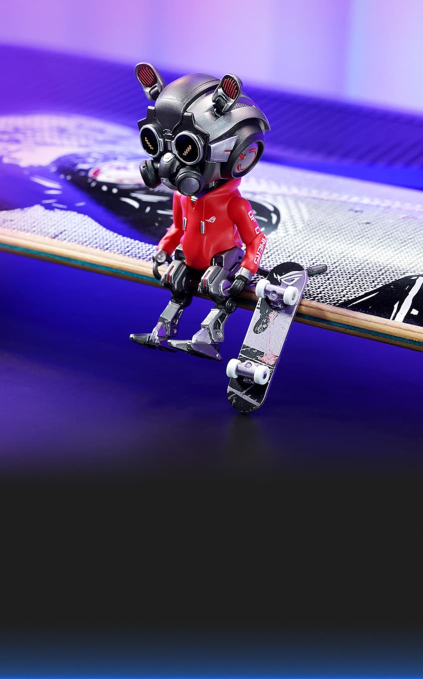 The figure is seated on a 1:1 skateboard deck to OMNI’s miniature skateboard while wearing a stealth face mask and signature ROG red hoodie. A mini skateboard is positioned under its feet. The scene is paired with the quote “BORN WITH SWAG. BUILT TO GAME.” This image highlights OMNI Model OG's street-inspired style and playful personality.