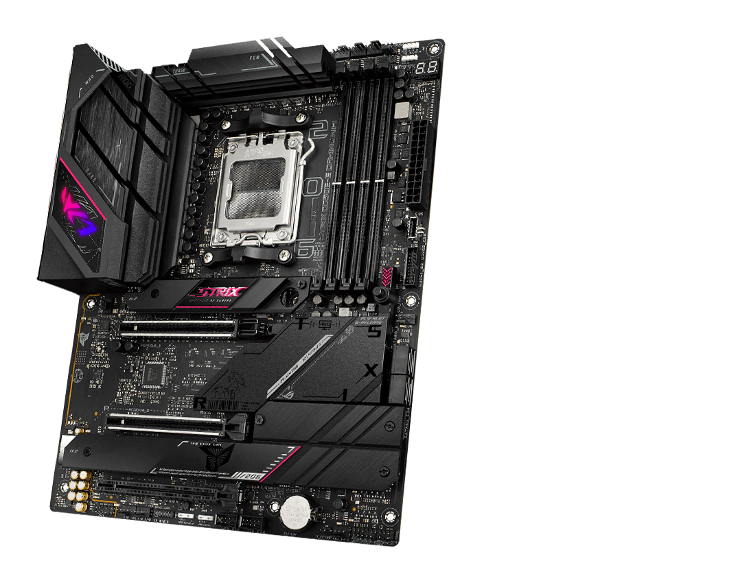 The ROG Strix B650E-E front and back designs offer a clean, modern aesthetic.