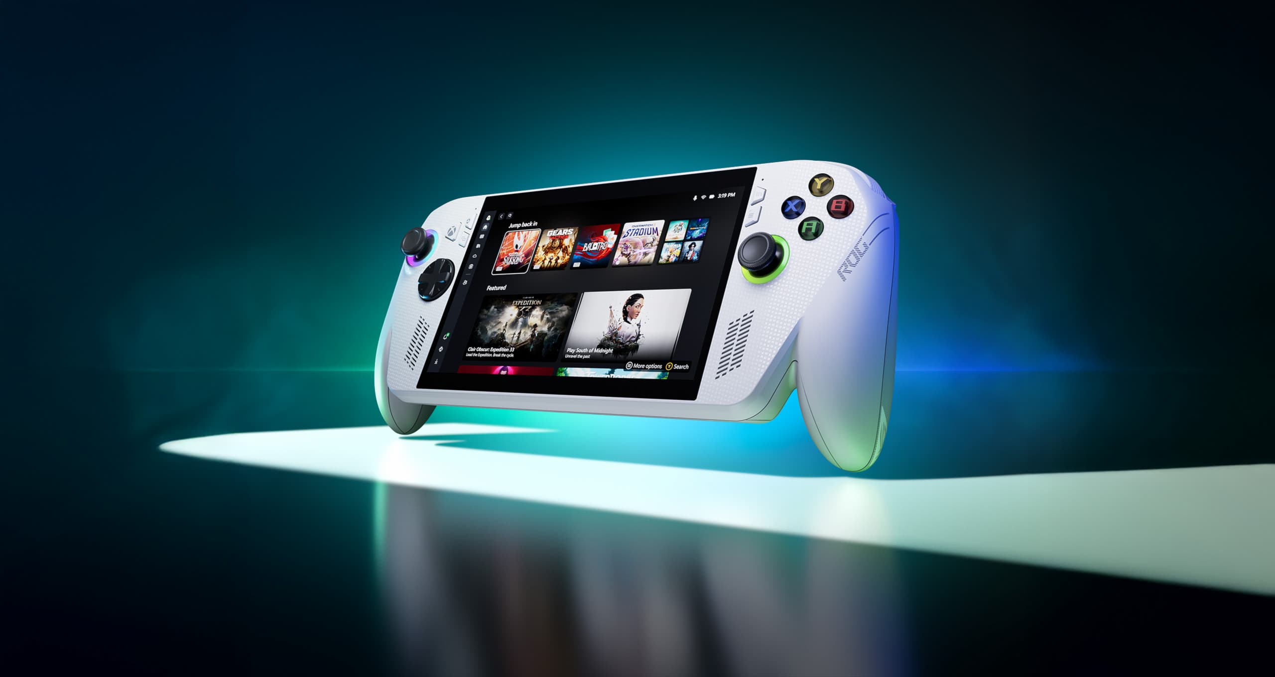 Angled view of the white ROG Xbox Ally gaming handheld, displaying software UI interface on screen, with RGB lighting on the joysticks and a sleek, futuristic design.