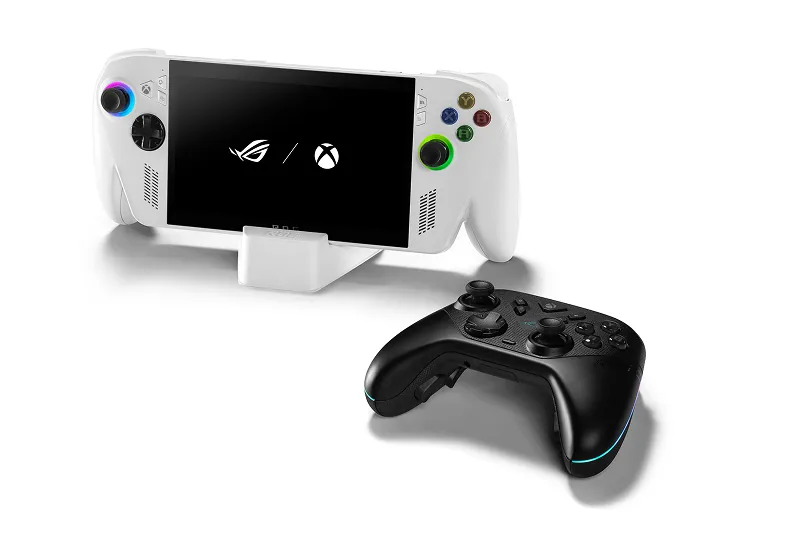 An ROG Xbox Ally on a white stand, next to an ROG Raikiri II Xbox Wireless controller.