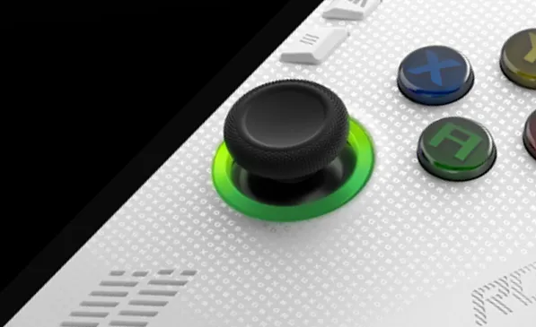 An extreme close-up of the buttons on the ROG Xbox Ally, with emphasis on the RGB lighting around the joystick.