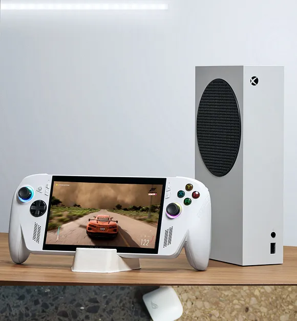 An ROG Xbox Ally sitting alongside the Xbox Series S console, with a game on screen.