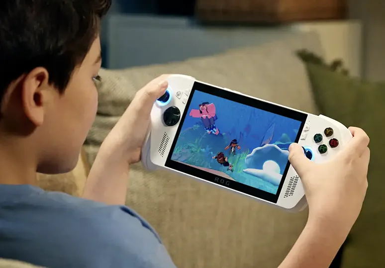 A person playing an Xbox ROG Ally on a couch, view from over the shoulder.