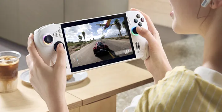 A person wearing earbuds and playing with the ROG Xbox Ally.