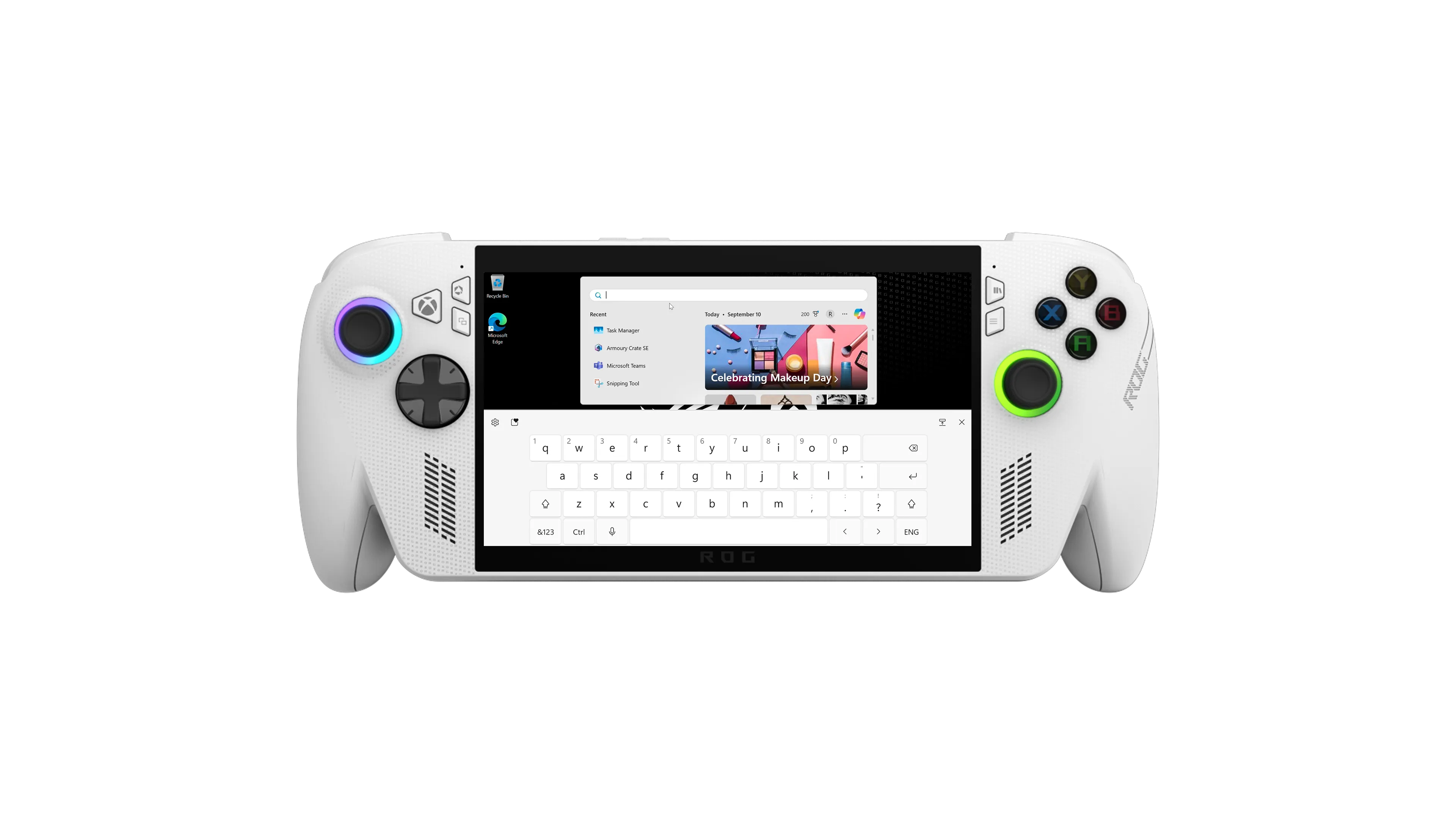 La ROG Xbox Ally, con el teclado de la pantalla táctil en pantalla abierto y un usuario escribiendo texto en el escritorio de Windows.