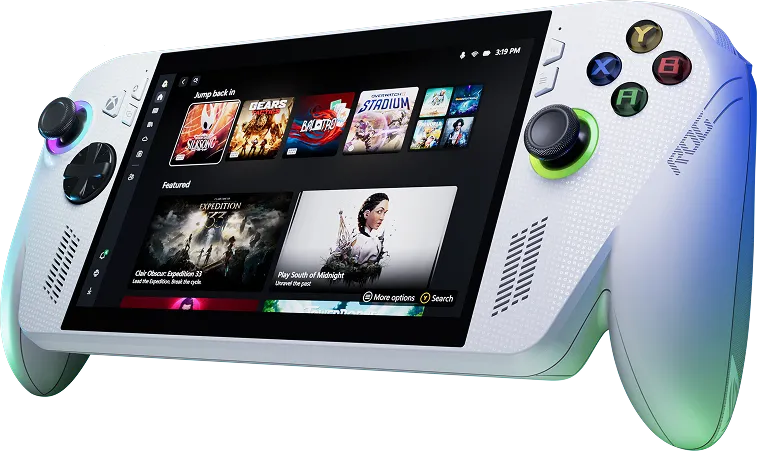 An ROG Xbox Ally floating above a white table, with the ROG and Xbox logos visible on screen.