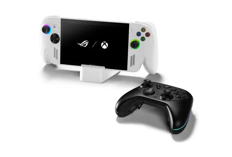 An ROG Xbox Ally on a white stand, next to an ROG Raikiri II Xbox Wireless controller.