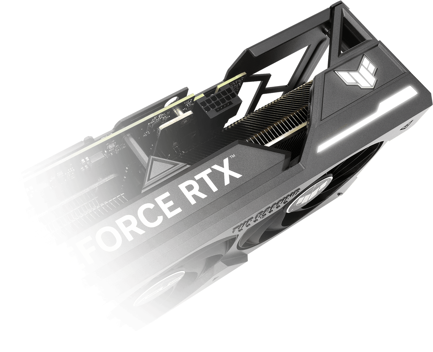 Angled view of the ASUS TUF Gaming GeForce RTX 4070 Ti SUPER graphics card, highlighting the ARGB element