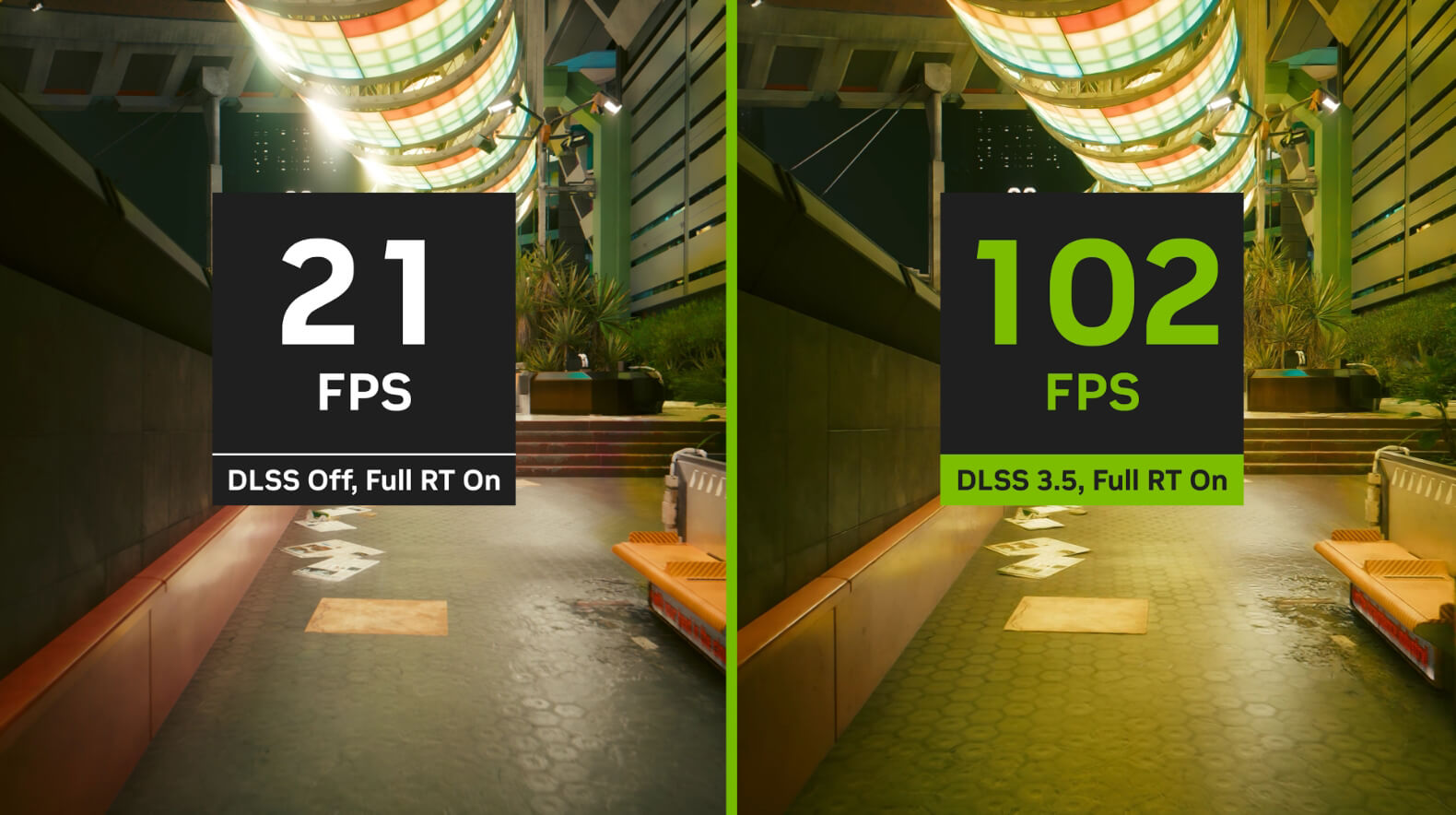 A Cyberpunk játék képernyő-teljesítmény összehasonlítása. Baloldalt NVIDIA DLSS nélkül, jobboldalt bekapcsolt DLSS-sel.