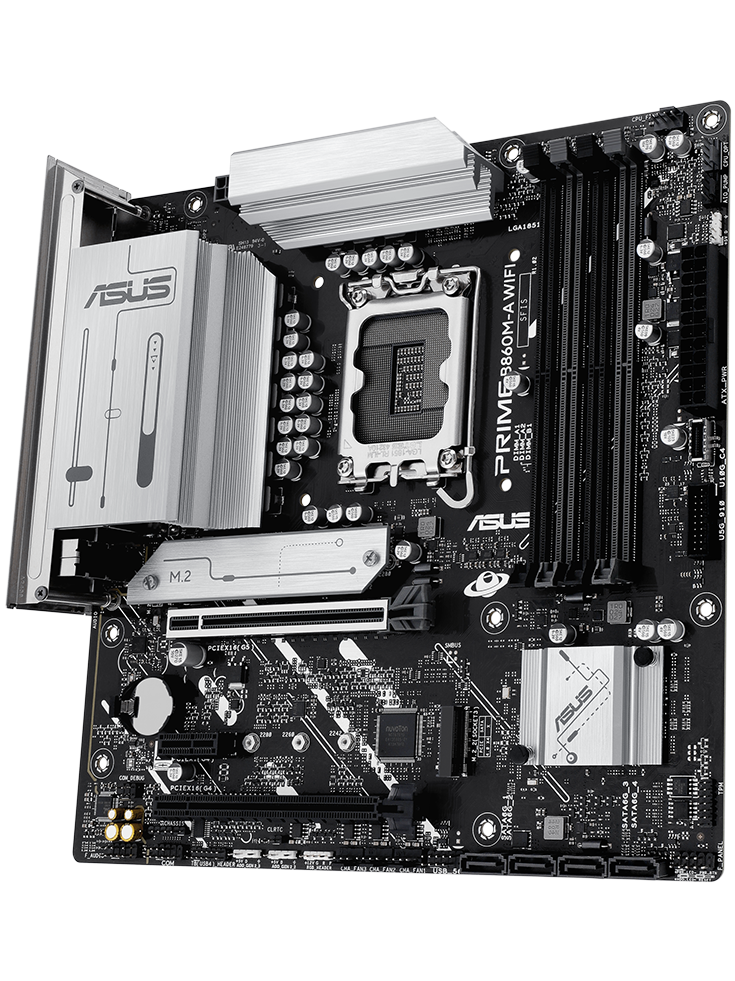 PRIME B860M-A WIFI motherboard front view, floating in space.