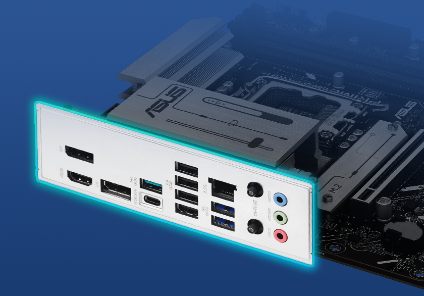 Graphic depicting the PRIME B860M-A WIFI pre-mounted I/O shield.