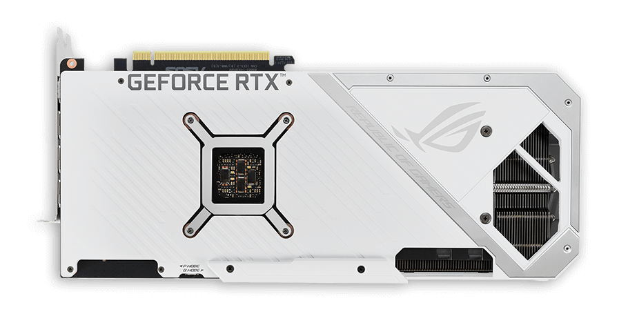 ROG STRIX RTX 3070 V2 WHITE OC EDITION top view featuring vented backplate and shortened circuit board