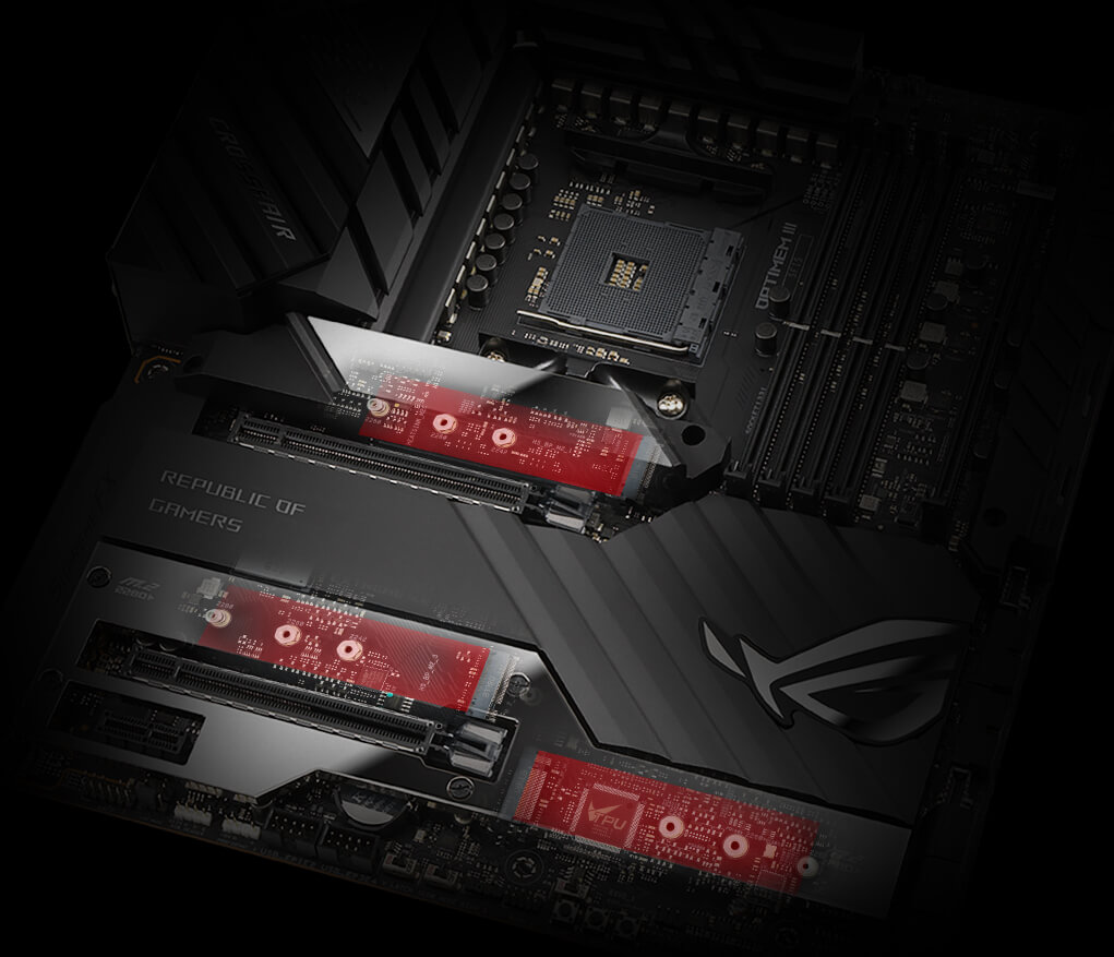 ROG Crosshair VIII Extreme with threeonboard M.2 slots highlighted