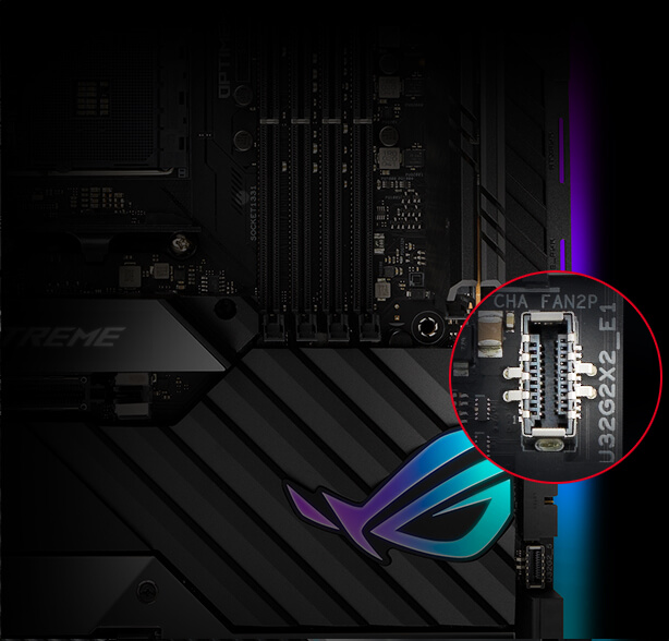 Cloeseups of ROG Crosshair VIII Extreme motherboard highlighting USB 3.2 front-panel connectors