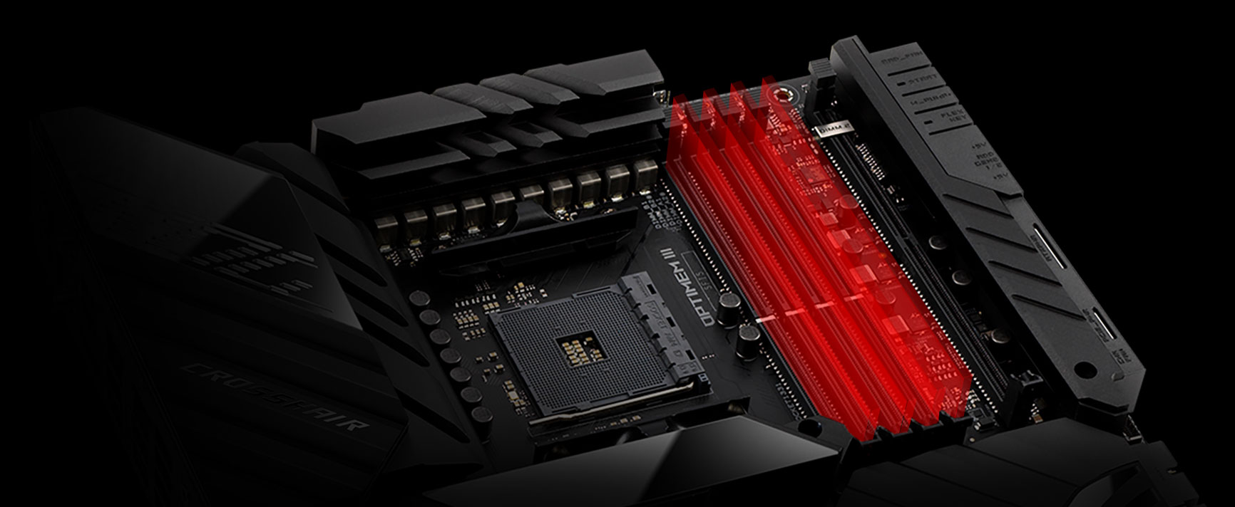 Closeup of ROG Crosshair VIII Extreme with memory module slots highlighted