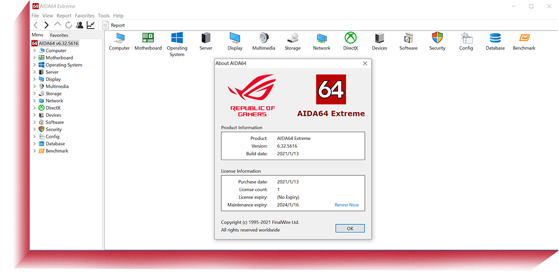 The user interface of ROG x AIDA64 Extreme