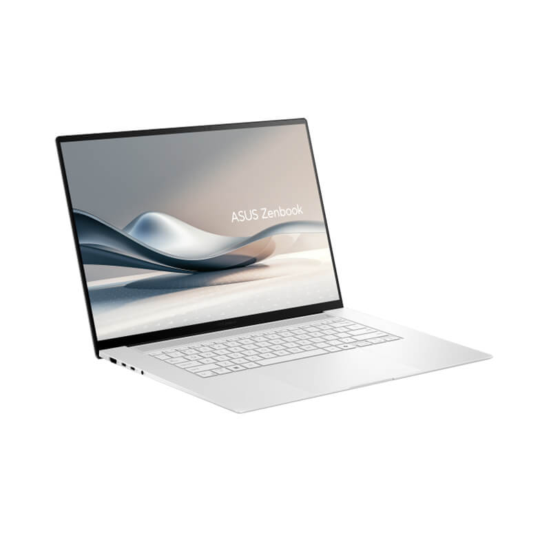 An opened Zenbook S 16 (UM5606) tilted at a 45-degree angle is viewed from its left.