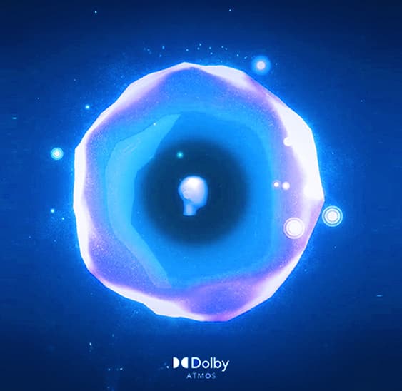 A stylized orange object floating on a black background, with the words “Dolby Atmos” written underneath.