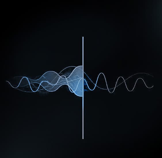 A logo with a dirty audio signal on the left side, then a bisecting vertical line, then a much cleaner audio signal on the right side.
