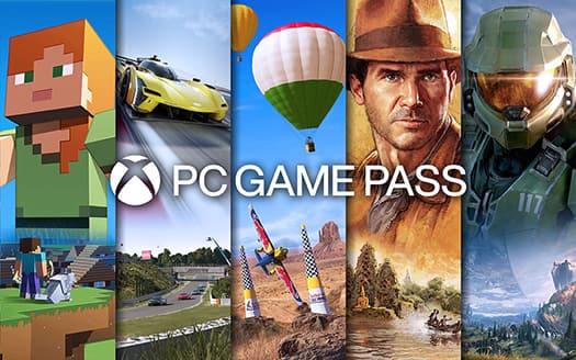 A collage image, with Palworld, Halo, Forza, Minecraft, and Microsoft Flight simulator featured, with the text “Xbox Game Pass” superimposed.