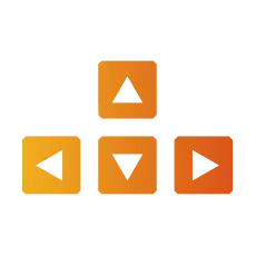 Set of orange keyboard arrow keys with geometric shapes for up, down, left, and right directions on a dark background