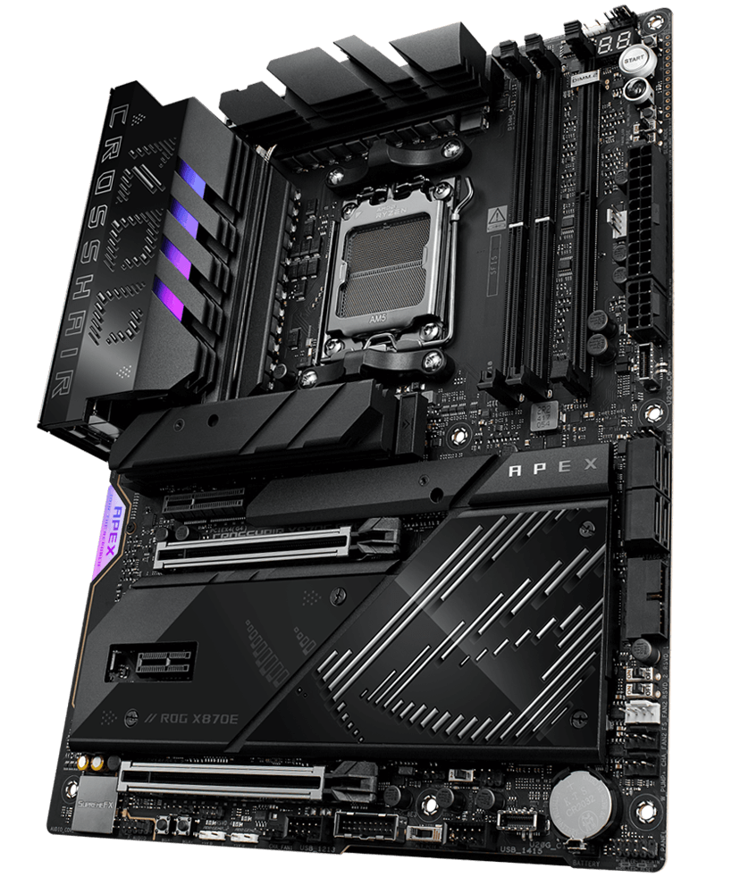 The ROG Crosshair X870E Apex left sided angle