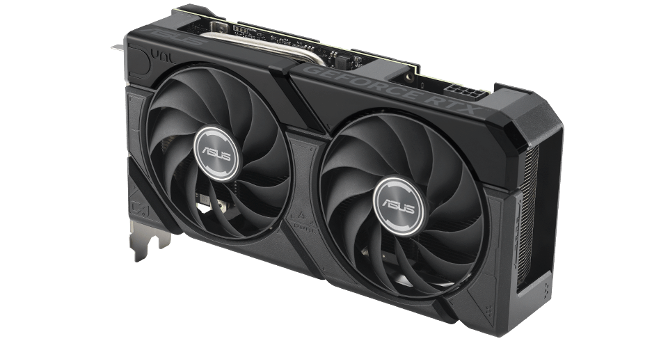 Angled top down view of the card ASUS Dual GeForce RTX 4060 Ti EVO 16GB graphics card