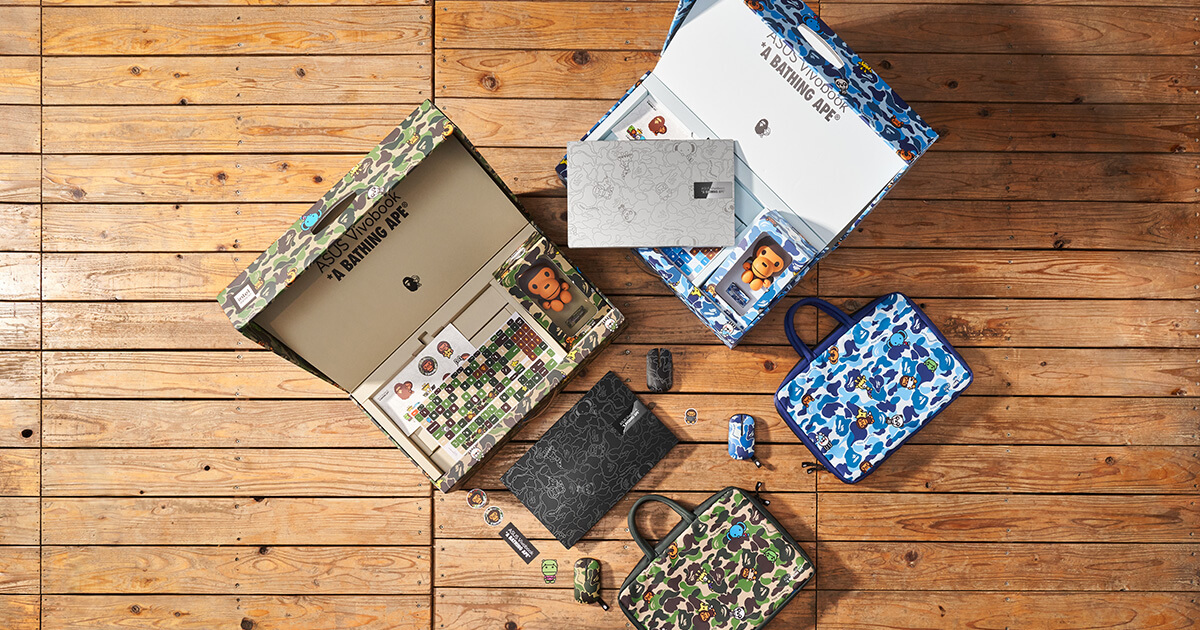 ASUS Vibobook S 15 OLED BAPE limited edition laptop bundles in green camo and blue camo colorways
