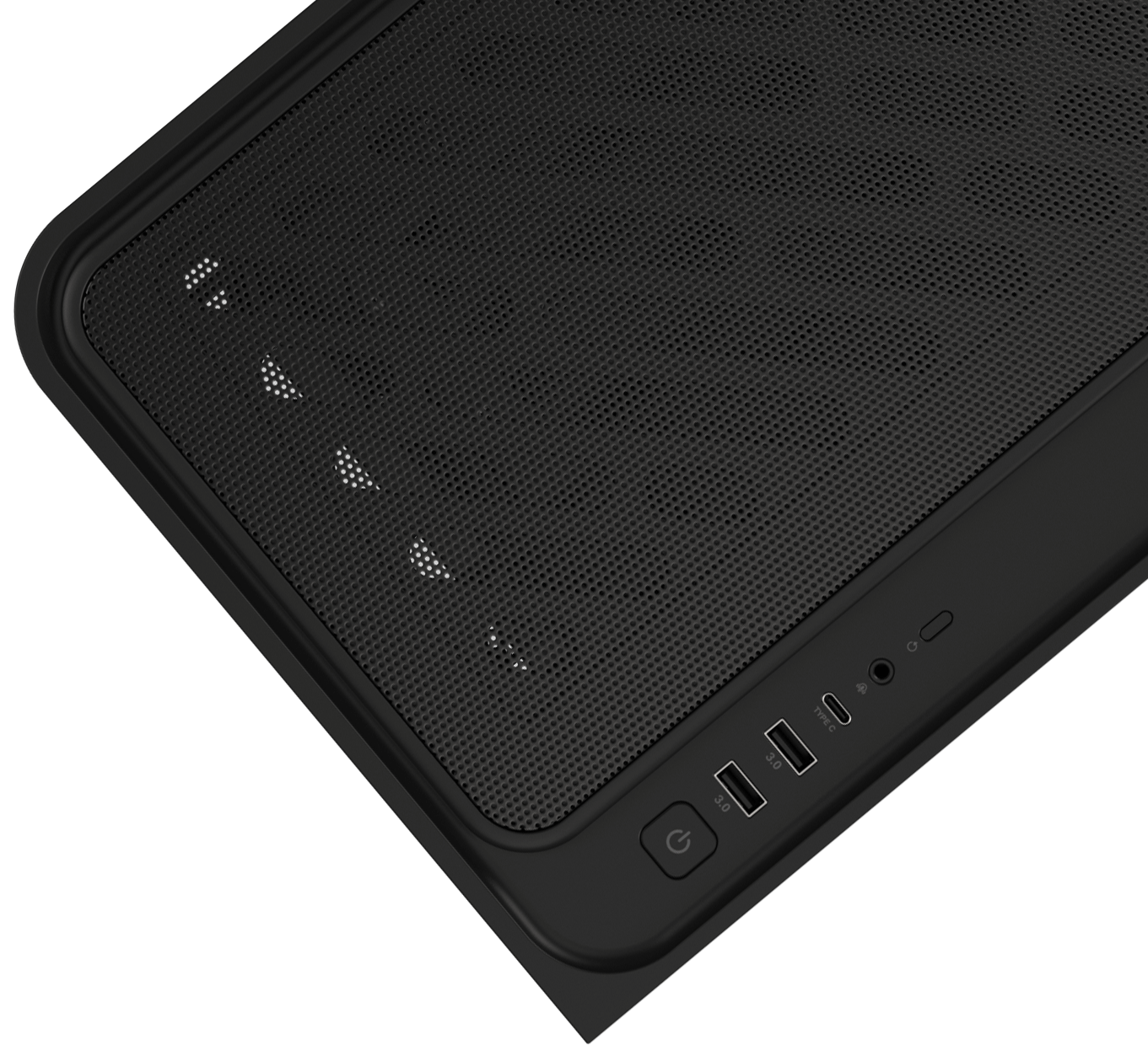 Close-up of AP202 ARGB top I/O panel with focus on USB Type-C port