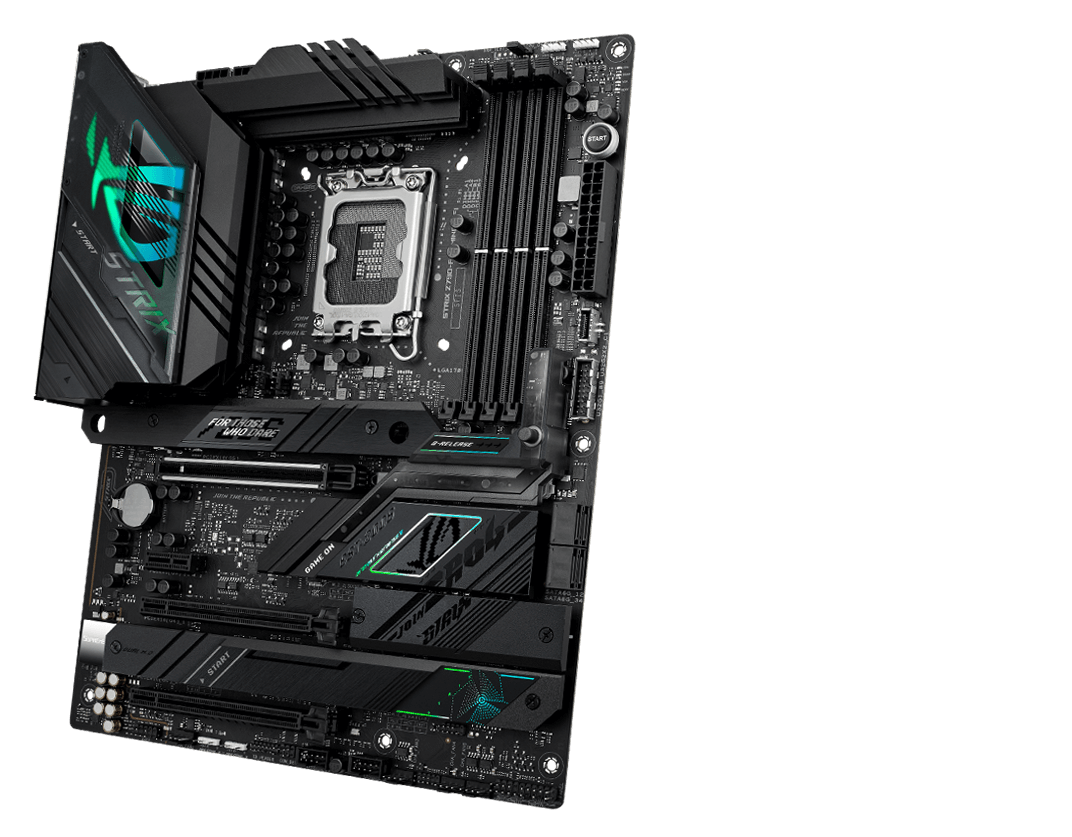 The ROG Strix Z790-F front and back designs offer a clean, modern aesthetic